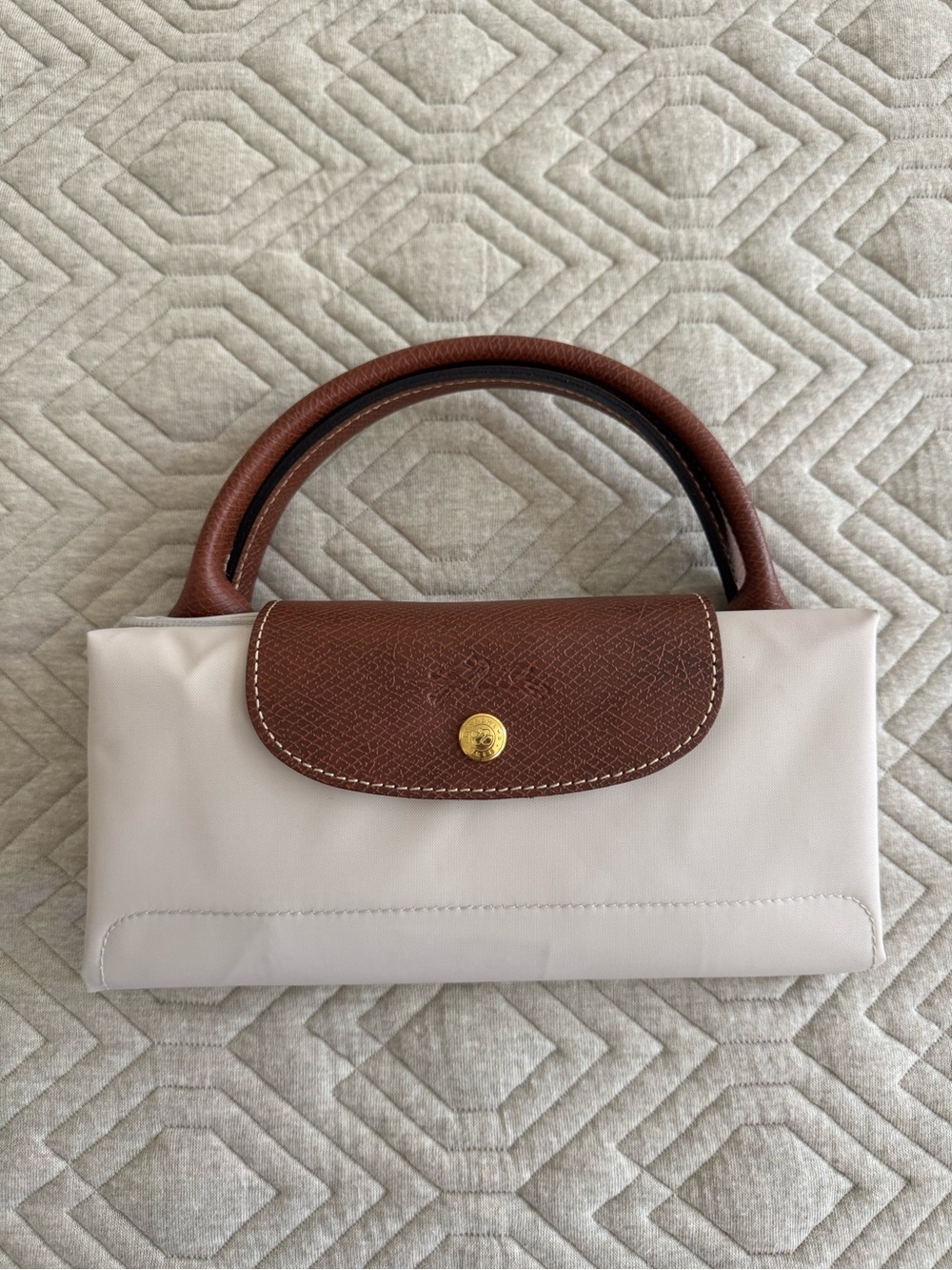 Longchamp Le Pliage Large Top Handle Cream Tote with Brown Leather Trim - Picture 5 of 9